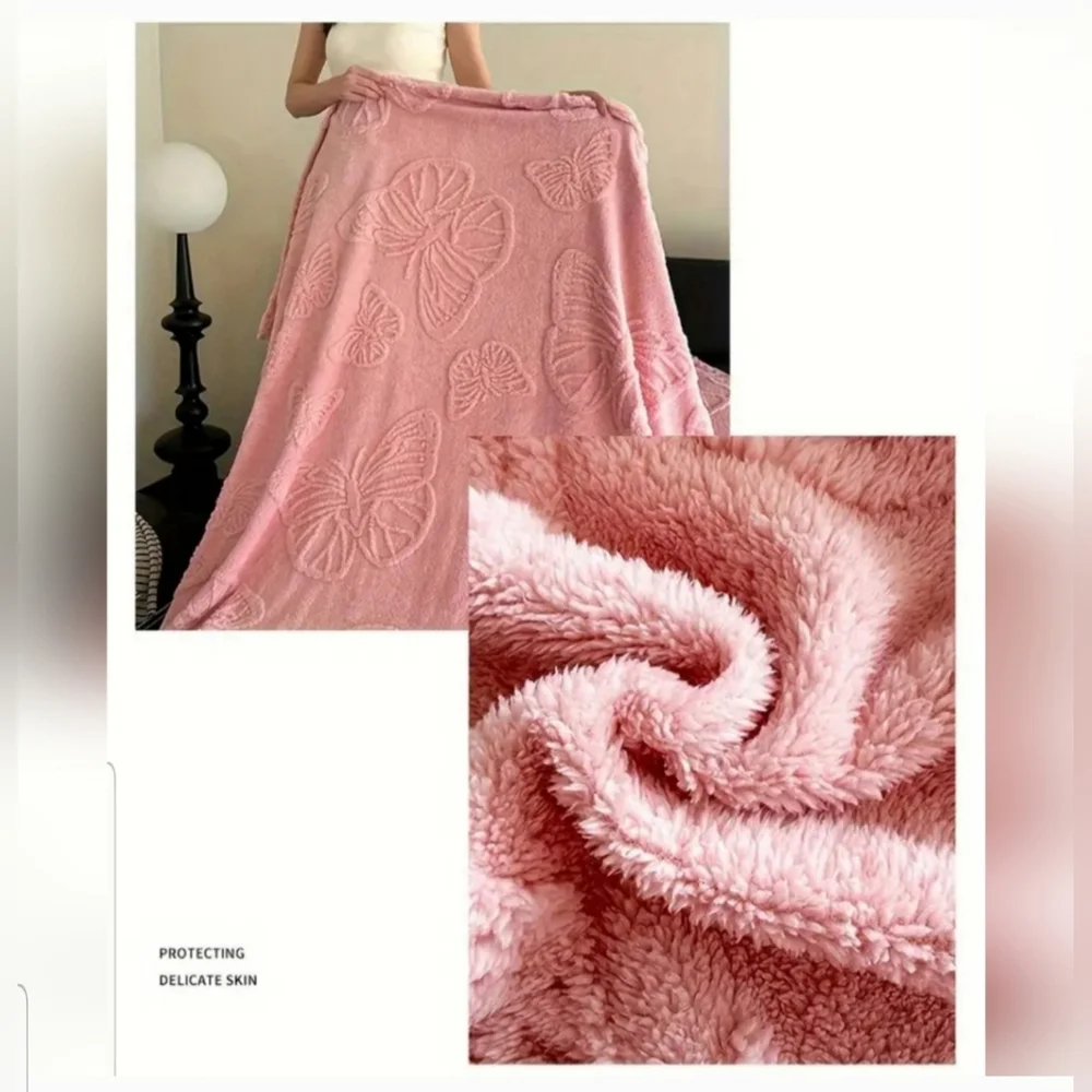 Super Soft Pink Embroidered Butterfly Throw Blanket